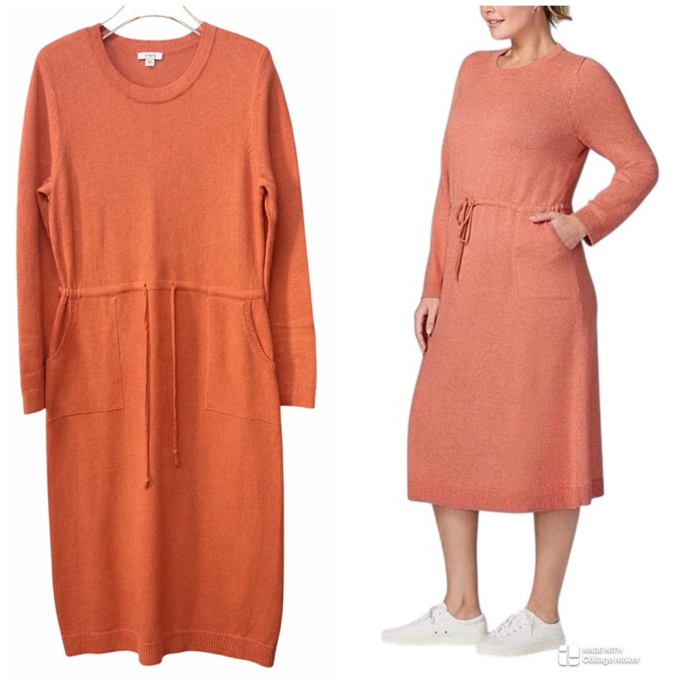 Pure Jill Coral Knit Long Sleeve Sweater Dress Cinch Waist Pockets
